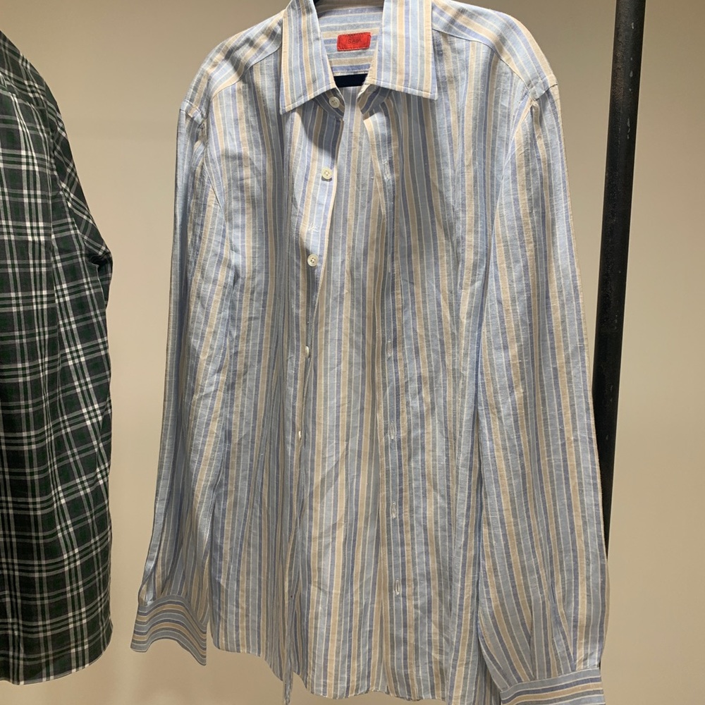 Gorgeous ISAIA striped linen shirt 15.5/39 blue and yellow.